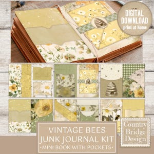 Op de afbeelding: Een vintage junk journal kit met een bijenmotief. De kit bevat een mini-boek met vakken, gele en groene bloempatronen, bijenillustraties en de tekst "VINTAGE BEES JUNK JOURNAL KIT". Digitale download beschikbaar.