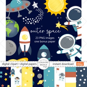 Space Clipart & Digital Paper Bundle, Outer Space Clipart, Space Kids, Astronauts, Planets, Rockets, Stars, Galaxy, Commercial Use