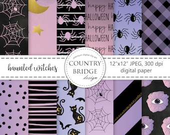 Halloween Digital Paper, Witches Digital Paper, Purple Black Pink Halloween Background, Spiders, Black Cat, Halloween Ombre, Commercial Use