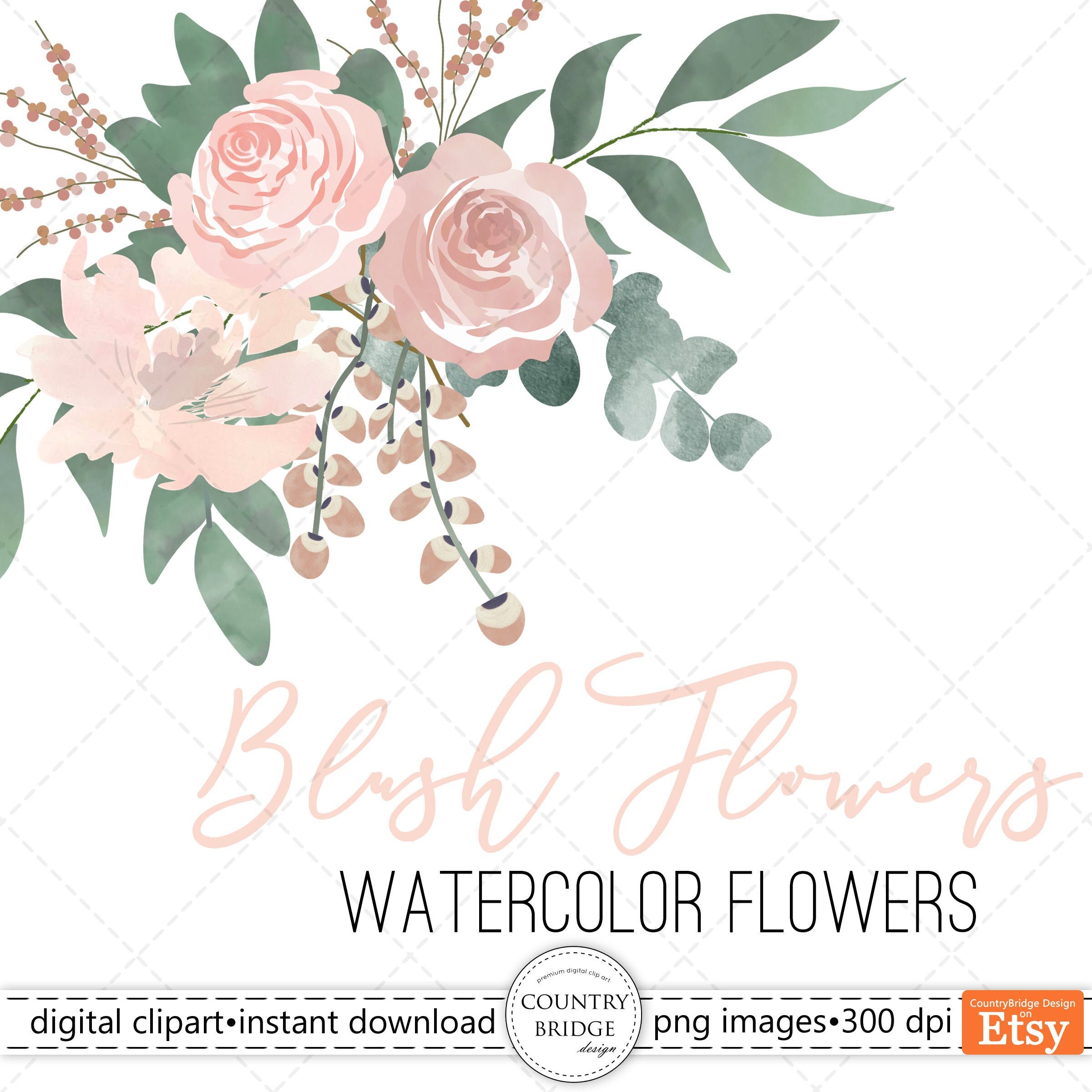 Blush Watercolor Flowers, Watercolor Pink  Floral Clipart, Wedding Fl…