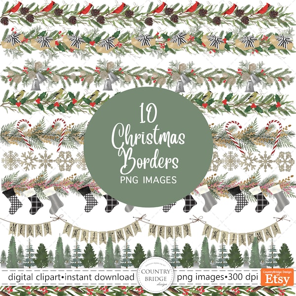 Clipart de bordes navideños, Conjunto de imágenes prediseñadas de bordes navideños, Clipart de borde de vegetación PNG, Clipart de Navidad, Borde de scrapbooking, Uso comercial