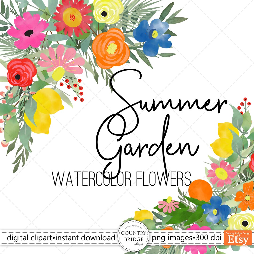 Bright Flower Clip Art, Watercolor Flowers and Leaves Clipart, Blue