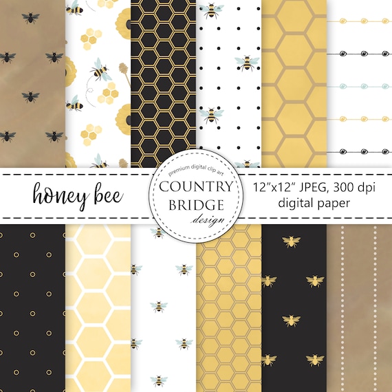 Bee Digital Paper, Honey Bee Digital Paper Set, Honeycomb Pattern Paper,  Summer Digital Paper, Gold Honeycomb Paper, Commercial Use 