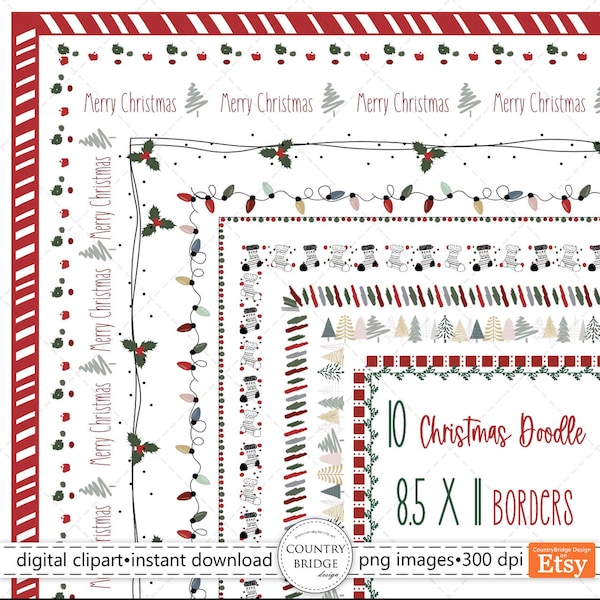 Christmas Doodle Borders Clipart, Holiday Borders Clip Art Set, Doodle Border Clipart PNG, Christmas, Scrapbooking Border, Commercial Use