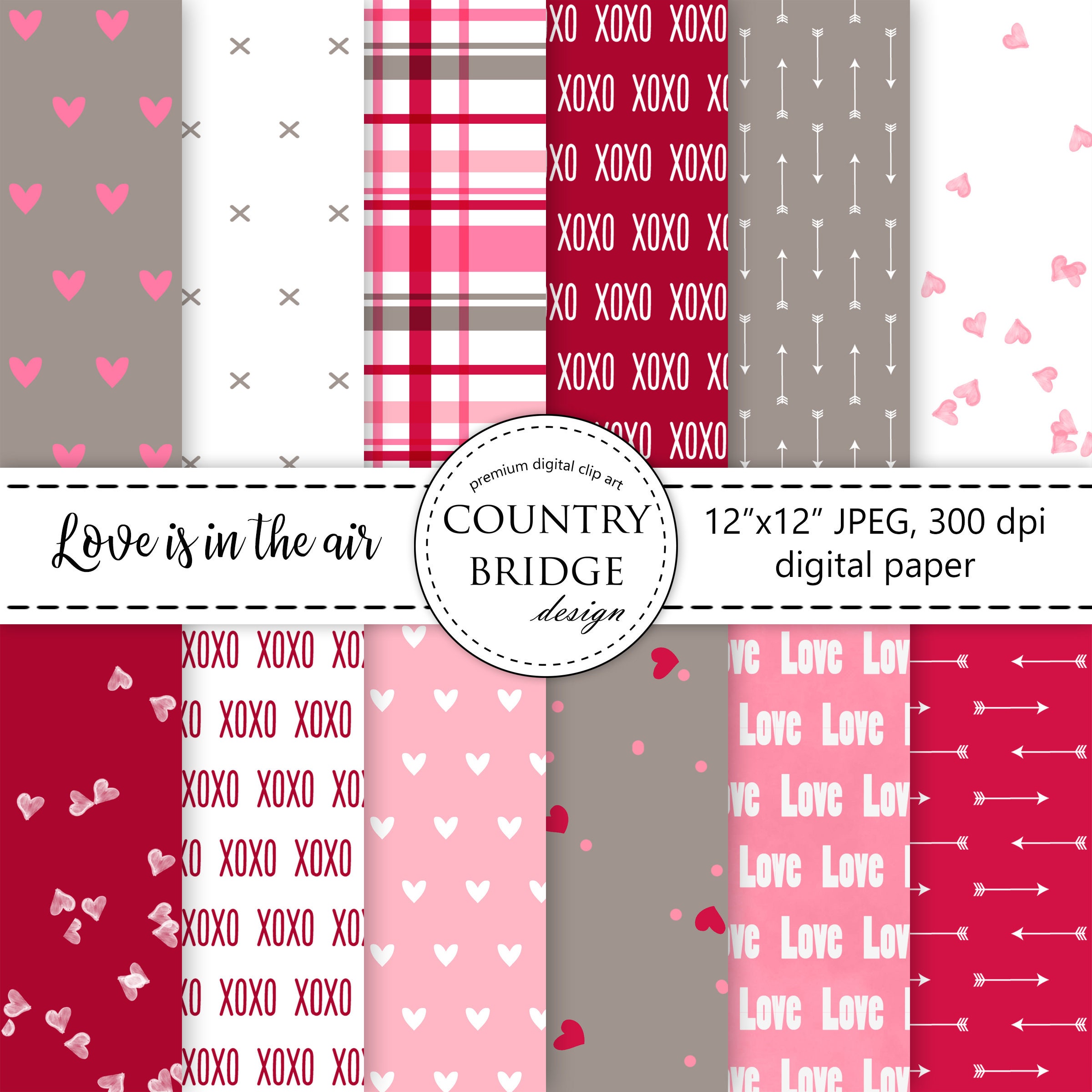 Cute Red Pink White Valentines Day Digital Paper Instant 