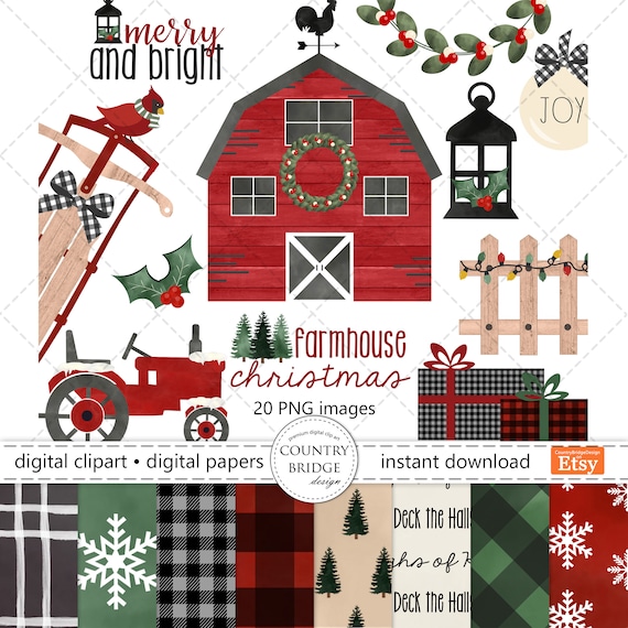 Christmas Under The Bridge 2022 Watercolor Farmhouse Christmas Clipart & Digital Paper Bundle | Etsy