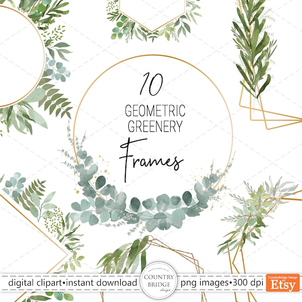 Gold Frame, Watercolor Greenery, Geometric Frames, Borders, Clipart, Green Leaves Clip Art,  Foliage Frame, Commercial Use, Instant Download