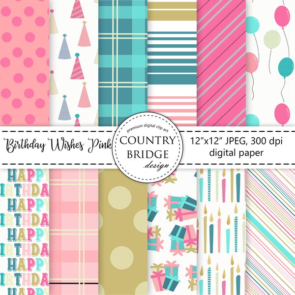 Birthday  Digital Paper, Pink and Teal Birthday Background, Birthday Party Paper, Commercial Use, Instant Download