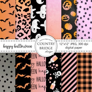 Halloween Digital Paper, Spooky Digital Paper, Orange Pink Halloween Background, Jack-o-Lantern, Ghost, Bat, Halloween Ombre, Commercial Use