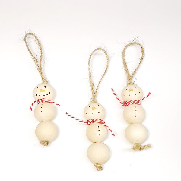 Wood Snowman Ornament Set, Minimalist Ornament, Hygge Christmas Ornament, Wood Bead Ornaments, Beaded Snowman Ornament, Hygge Gift Set