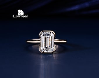 Emerald Cut Lab Grown Diamond Engagement Ring, Half Bezel Setting