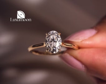 Anillo de compromiso ovalado con halo de diamantes cultivados en laboratorio, oro macizo