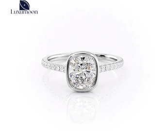 Bezel Set Cushion Cut Lab Grown Diamond Engagement Ring, IGI Certified