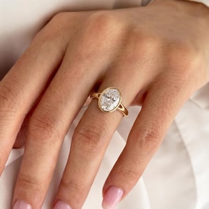 2 Carat Oval Lab Grown Diamond Bezel Engagement Ring, Split Shank, Solid Gold image 12