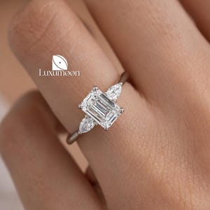 IGI E VVS2 Certified Lab Grown Diamond Ring, 1 to 2 CT Emerald Lab Created Diamond, Three Stone Engagement Ring, Wedding Ring, Promise Ring
