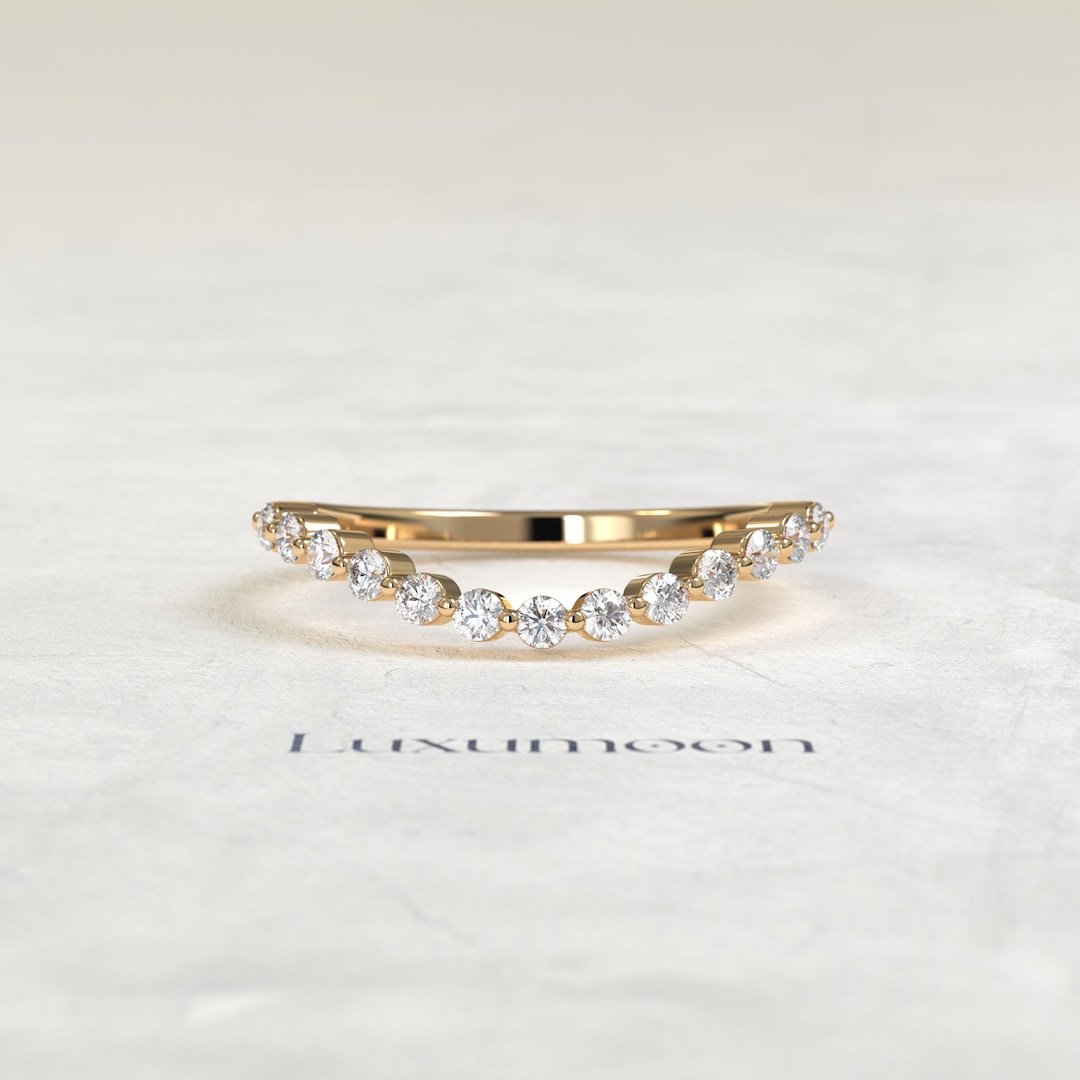 Diamond Curved Wedding Band, 14K Gold Half Eternity Ring - Etsy