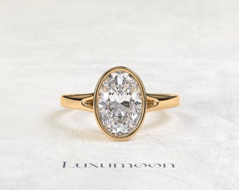 Handmade 2CT Oval Lab Diamond Engagement Ring, 14K Gold Bezel Solitaire