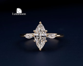 Three Stone Marquise Lab Diamond Engagement Ring, Handmade