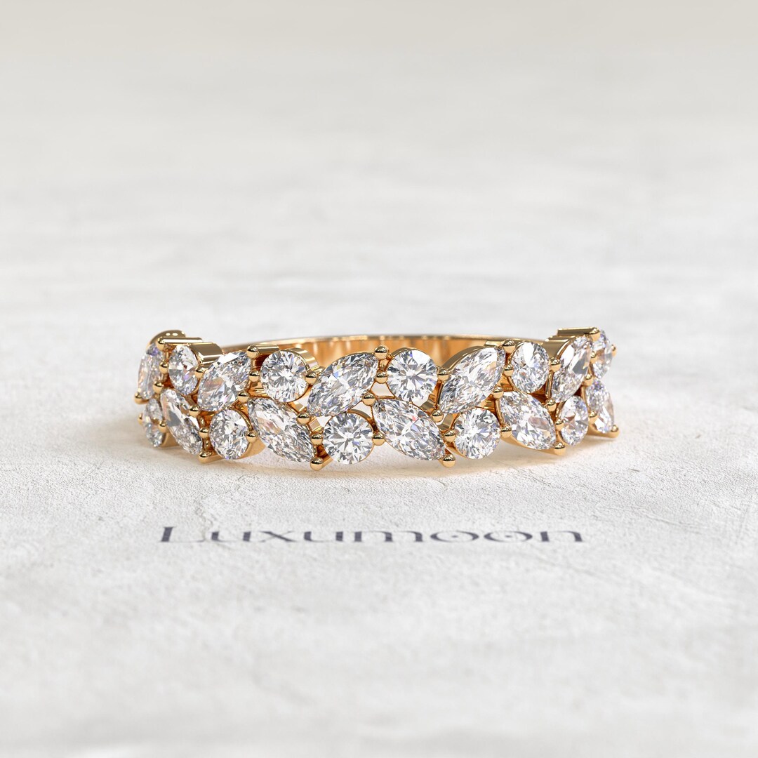 Marquise and Round Cut Lab Diamond 14K Gold Wedding Band - Etsy
