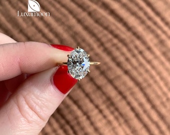 Anillo de compromiso ovalado con halo oculto de diamantes cultivados en laboratorio, hecho a mano