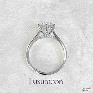 Six Prong Round Brilliant Engagement Ring, 2 CT D-E VS1 Lab Grown Diamond in 18K White Gold, Hidden Halo, Flush Fit Solitaire Wedding Ring