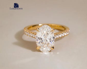 Anillo de compromiso con diamante cultivado en laboratorio de talla ovalada, alianza de boda con pavé, hecho a mano.