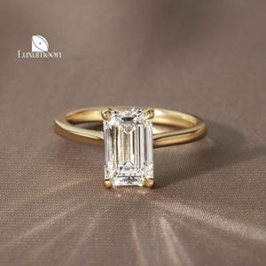 Emerald Cut Diamond Engagement Ring, IGI Certified E VVS2 1 to 3 CT Lab Grown Diamond, Hidden Halo Wedding Ring, Solid Gold Anniversary Ring