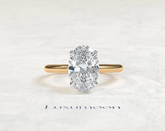 Anillo de compromiso ovalado con diamante cultivado en laboratorio, halo oculto, hecho a mano.
