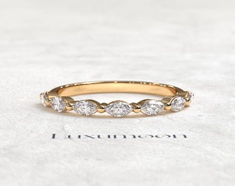 Anel de eternidade com diamantes cultivados em laboratório em formato de marquise, aliança de casamento em ouro maciço