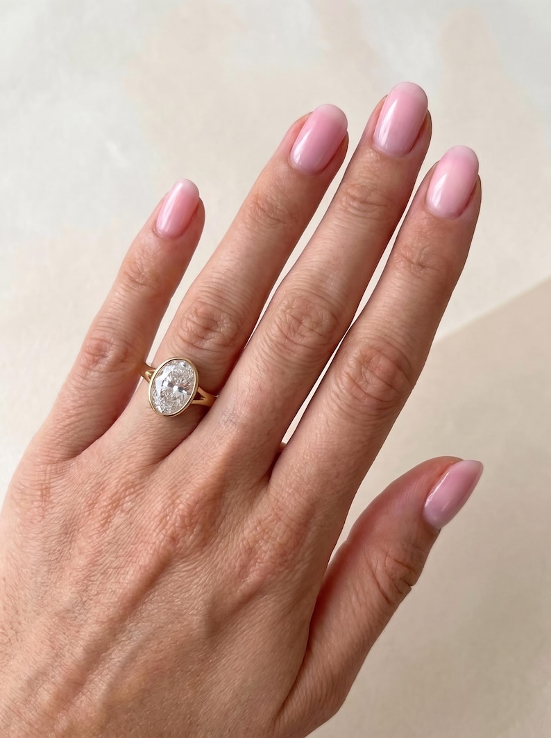 2 Carat Oval Lab Grown Diamond Bezel Engagement Ring, Split Shank, Solid Gold image 13