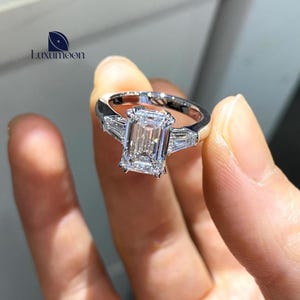 Emerald And Baguette Cut Diamond Engagement Ring, Certified 1 to 2 CT E VVS2 Lab Grown Diamond, Three Stone Wedding Ring, Anniversary Gifts