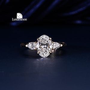 Oval Three Stone Ring Real Lab Grown Diamond Engagement Ring Oval Trilogy Ring for Anniversary Gift Side Pear Three Diamond Proposal Ring