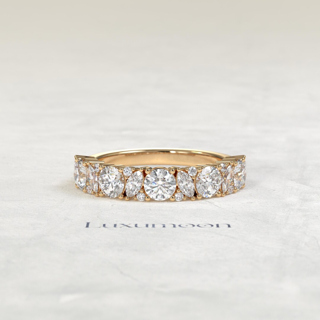 1.7 TCW Marquise & Round Lab-grown Diamond Half Wedding Ring 14k Gold ...