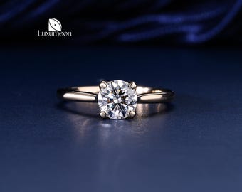 Handgefertigter Solitärring mit rundem, im Labor gewachsenem Diamant aus Gold