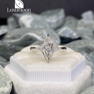 Lab Grown Diamond Three Stone Ring, 1 to 3CT Marquise Cut Diamond Engagement Ring, Side Trillion Cut Diamond, Anniversary Gift, Ring for Her