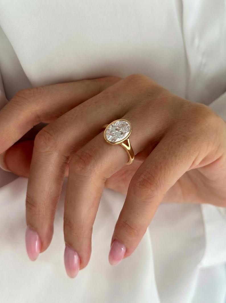 2 Carat Oval Lab Grown Diamond Bezel Engagement Ring, Split Shank, Solid Gold image 15
