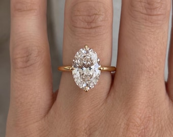 Ovale verlovingsring met laboratoriumdiamant, solitaire van 14k geelgoud, handgemaakt