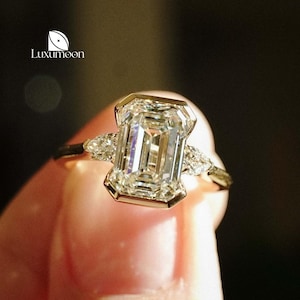 Emerald Diamond Ring Three Stone Engagement Ring Emerald Cut Diamond Ring for Anniversary Gift Genuine Diamond Ring for Her Side Pear ring