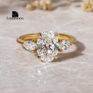 Oval And Pear Cut Three Stone Ring, Lab Grown Diamond Engagement Ring, IGI Certified E VVS2 Lab Created Diamond Proposal Ring, Wedding Ring