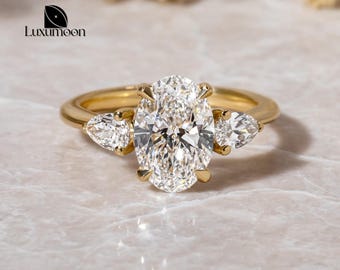 Oval And Pear Cut Three Stone Ring, Lab Grown Diamond Engagement Ring, IGI Certified E VVS2 Lab Created Diamond Proposal Ring, Wedding Ring