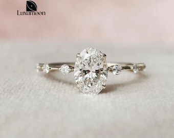 Oval Lab Grown Diamond Engagement Ring, 1-3 CT, Pave Band