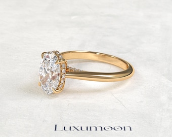 2 CT Oval Lab Grown Diamond Engagement Ring, 14k Yellow Gold Hidden Halo