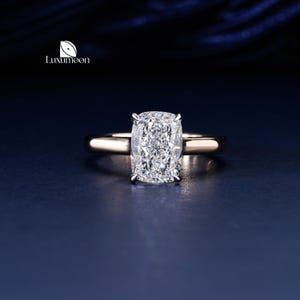 Two Tone Elongated Cushion Lab Grown Diamond Ring, IGI Certified 2.5 to 4 CT Lab Created Diamond Engagement Ring, Hidden Halo Wedding Ring