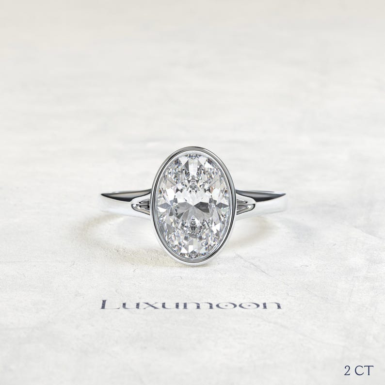 2 Carat Oval Lab Grown Diamond Bezel Engagement Ring, Split Shank, Solid Gold image 18