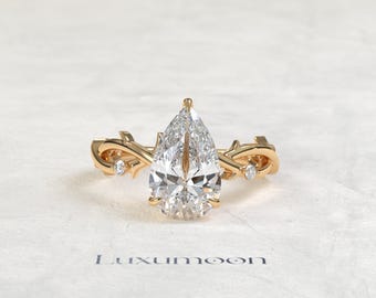 Pear Cut Lab Grown Diamond Engagement Ring: Nature Inspired Gold Leaves, Handmade