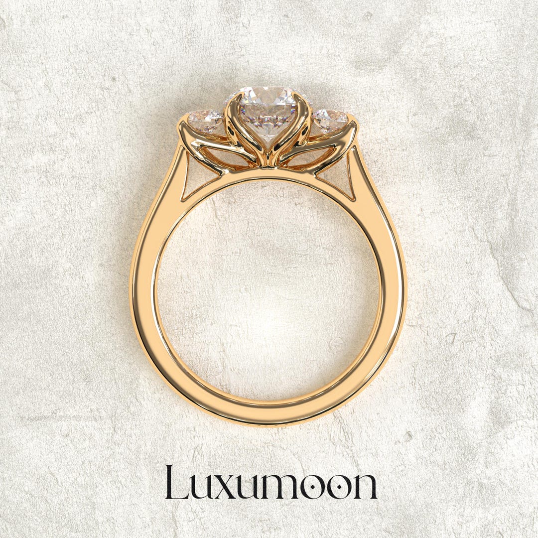 Handmade Round Cut Lab Grown Diamond Three Stone Engagement Ring, Solid ...
