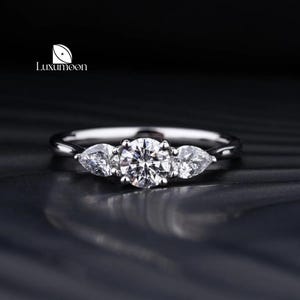 Round Three Stone Ring Real Lab Grown Diamond Engagement Ring Round Trilogy Ring for Anniversary Gift Side Pear Three Diamond Proposal Ring