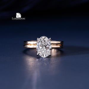 Oval Lab Grown Diamond Hidden Halo Engagement Ring Set, 2 CT IGI Certified E VVS2 Lab Diamond, Plain Gold Wedding Band Set, Anniversary Ring
