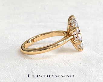 2.5 CT Lab Grown Marquise Diamond Ring, 18k Yellow Gold Hidden Halo, Handmade