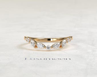Curved Marquise and Round Diamond Wedding Band in 14K Gold, Lab Grown Contour Chevron Ring, Nesting Band Anniversary Gift